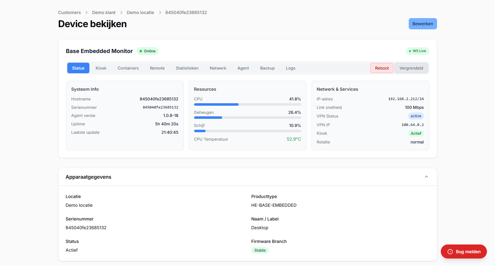Device dashboard met online/offline status